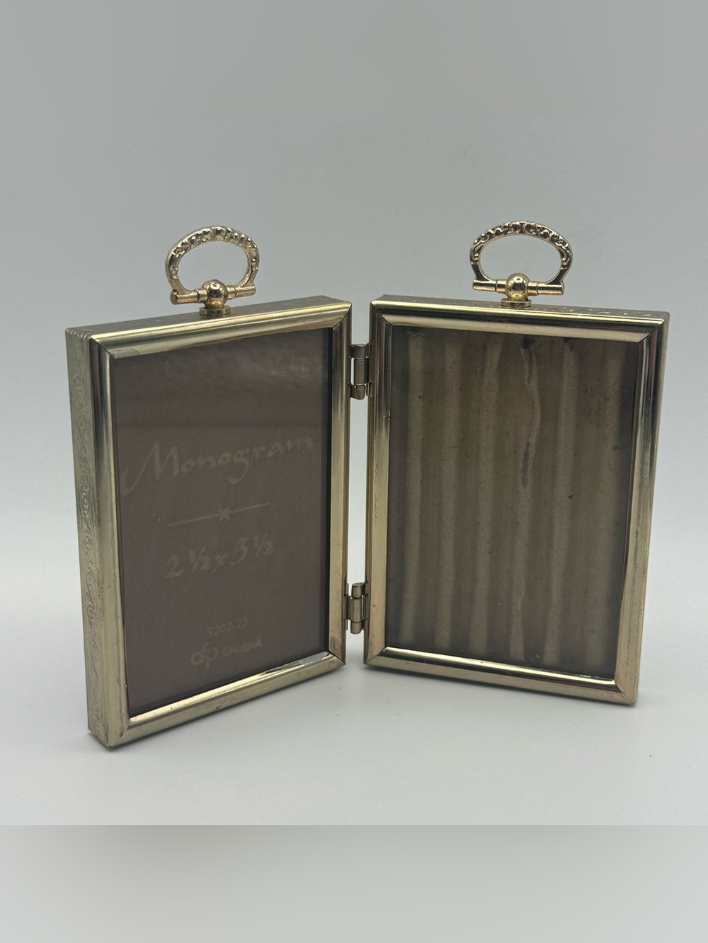 Vintage Monogram Brass Tone Double Hinged Picture Frame 2.5x3.5 Folding Photo